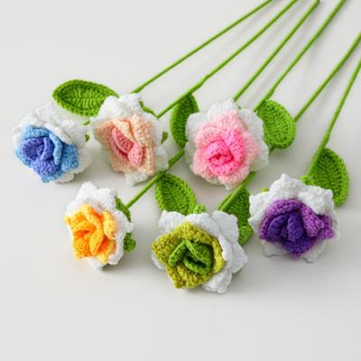 DIY Crochet Rose Flower Pointed Leaf Handmade Flower Crochet Bouquet Hand Woven Roses  Anniversary