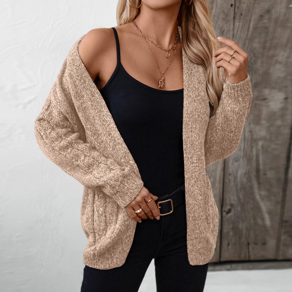 Women's Fashion Casual Solid Color V-Neck Long Sleeve Pocket Knitted Cardigan Sweater Jacket