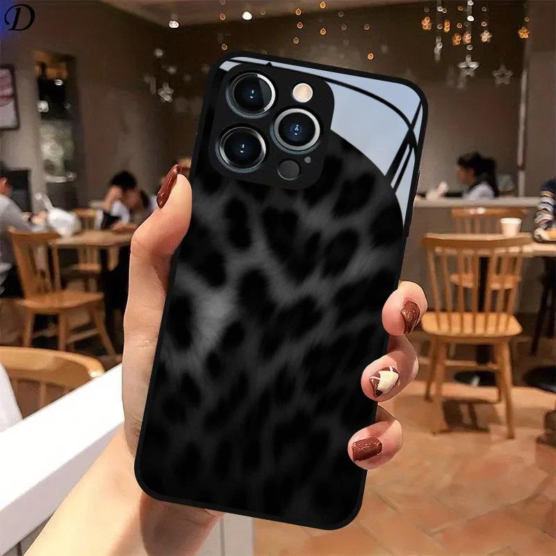 Black Gray Leopard Print Tempered Glass Phone Case For iPhone 11 12 13 14 15 16 17 Pro Max 17 Air 7 8 Plus XS X Shockproof Cover