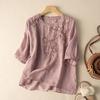 Summer Round Neck Mid-sleeved Embroidered Top with Literary Retro Loose Temperament Cotton Linen T-shirt 2025 New Style