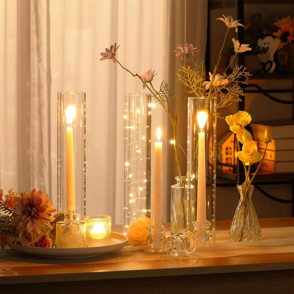 2sets Glass Hurricane Candle Holders Bulk Open Ended Glass Candleholder Tube Shape Bottomless and Taper Clear Candlestick Holders