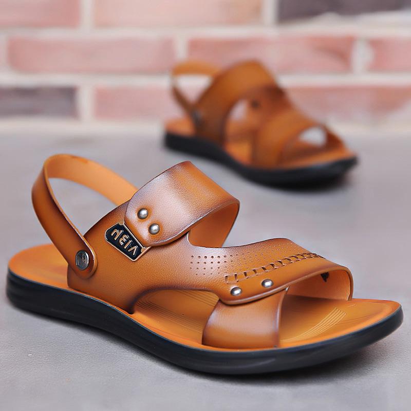 2025 Heren Slijtvaste Bruine Leren Sandalen - Jeugdtrend, Antislip, Ademend, Zomer Strand Schoenen.