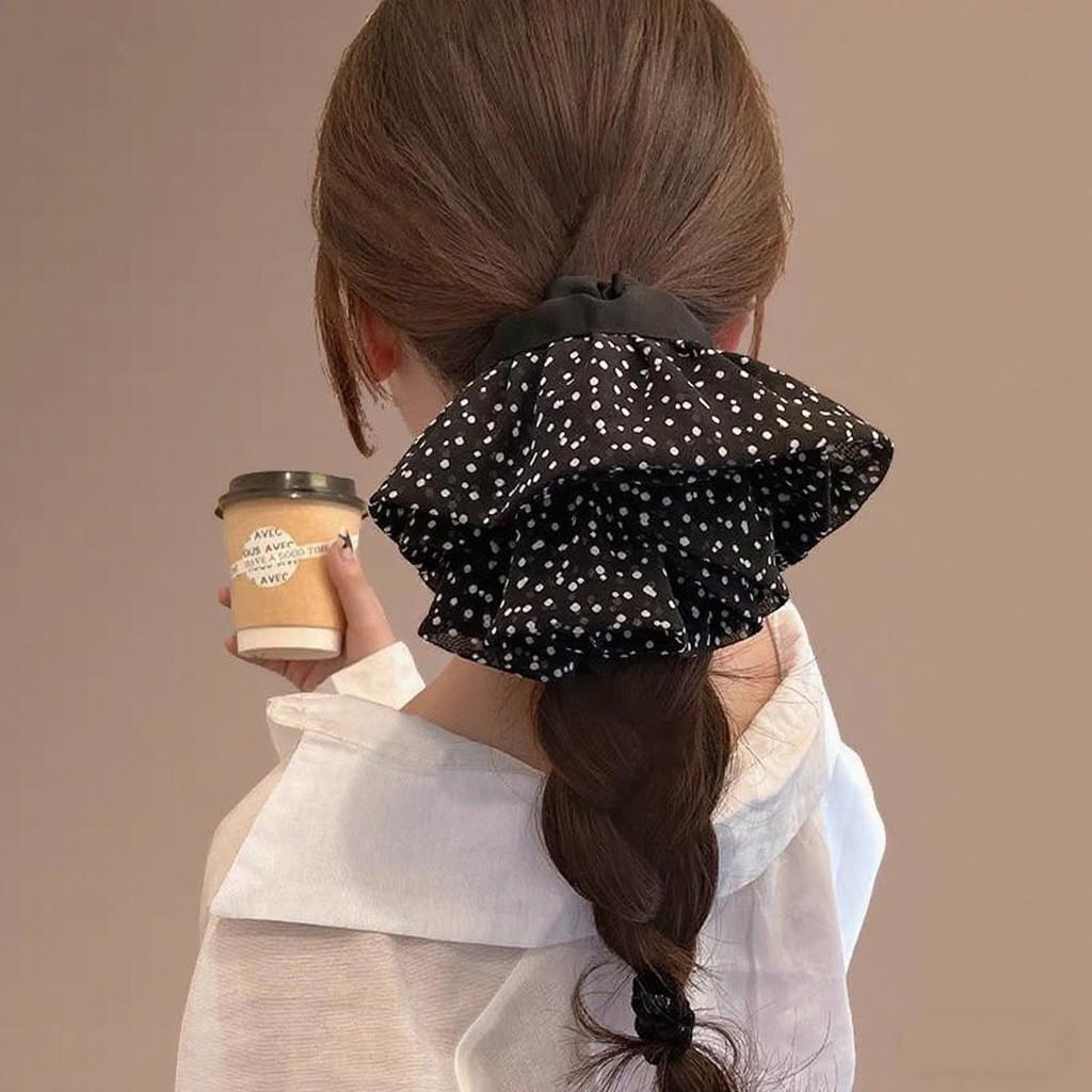 Korean-Style Extra Large Polka Dot Satin Scrunchie with Ruffle Hem - Women's High-End Elastic Hair Accessory