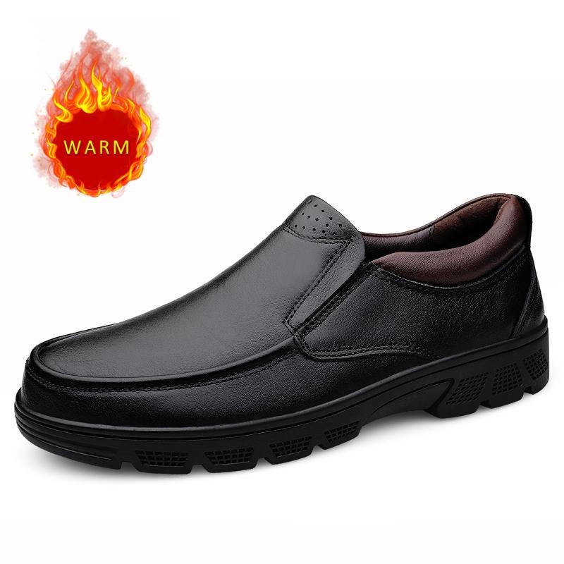 Fashion Classic Brand Men's Genuine Leather Casual Shoes Thick Soled Winter Plush Cotton Shoes Men's Outdoor Commuting Work Shoes