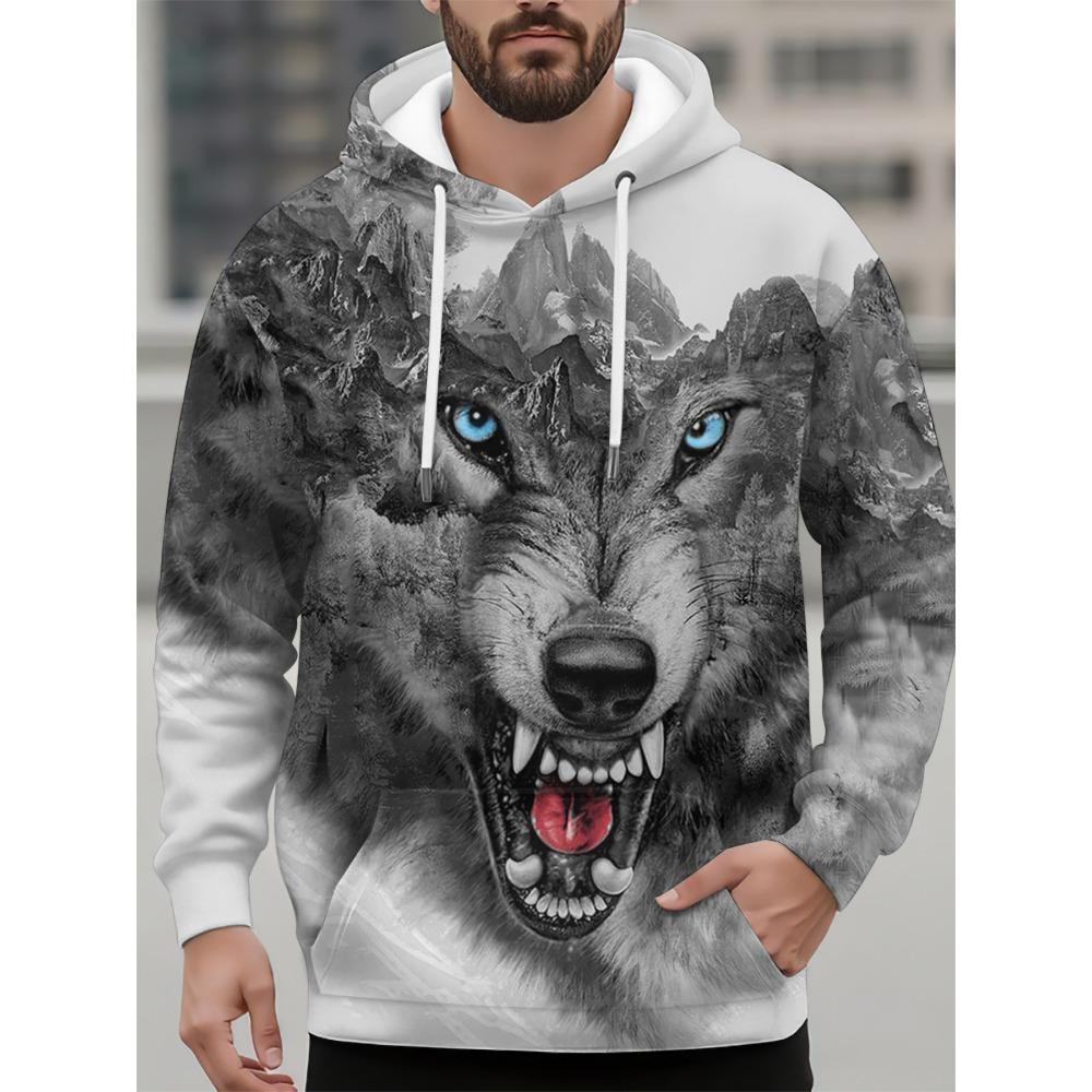 Men's Hooded Fashion Animal Wolf 3D Print Hoodies Top Spring Autumn Fashion Casual Long Sleeved Pullover Oversized Sweatshirts