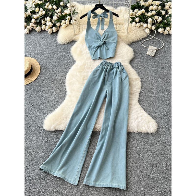 Casual Set Women Korean Fashion Summer Clothing Scheming Twist Hanging Neck Sling Denim Top High Waist Wide Leg Straight Pants