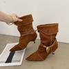SUOJIALUN Zima Nowa Marka Damskie Krótkie Buty Modne Plisowane Wsuwane Do Połowy Łydki Cienki Niski Obcas Outdoorowe Eleganckie Szpilki z Ostrym Czubkiem