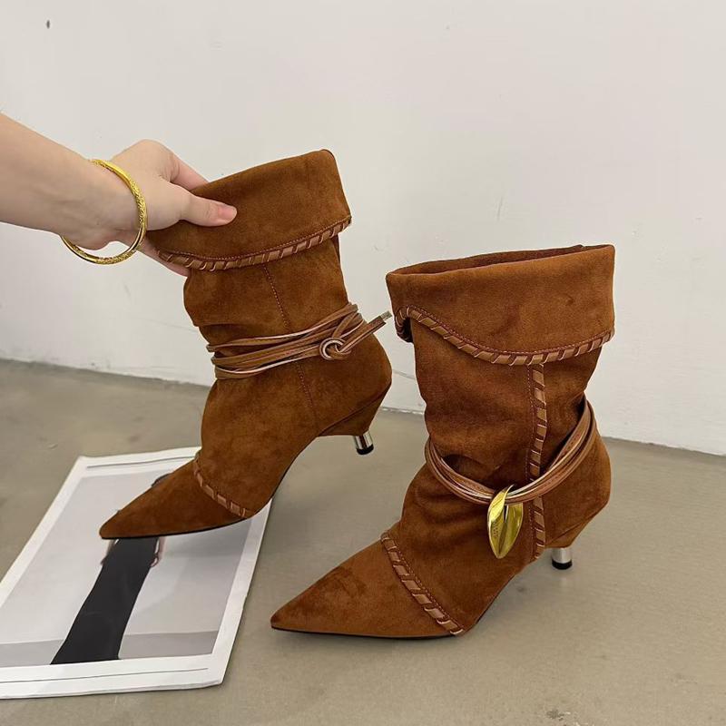SUOJIALUN Zima Nowa Marka Damskie Krótkie Buty Modne Plisowane Wsuwane Do Połowy Łydki Cienki Niski Obcas Outdoorowe Eleganckie Szpilki z Ostrym Czubkiem