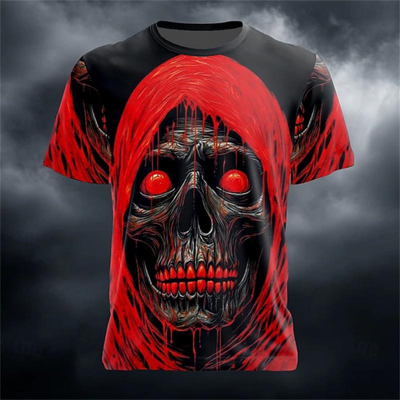 2025 Neues Herren Atmungsaktives Rundhals-T-Shirt mit Gruseligem Totenkopf-Print für Halloween Kurzarm Street Hip Hop Casual Outdoor Oberteil