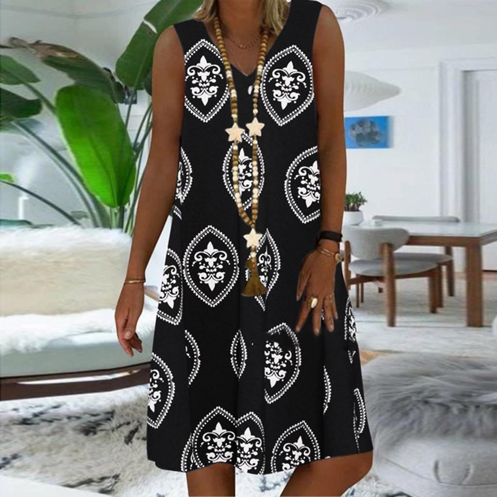 Women Vintage Casual Summer Floral Print V-Neck Short Sleeve Dress Mini Dress
