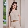 Women's Knitted Short Sleeve Lapel Shirt with Twist Texture