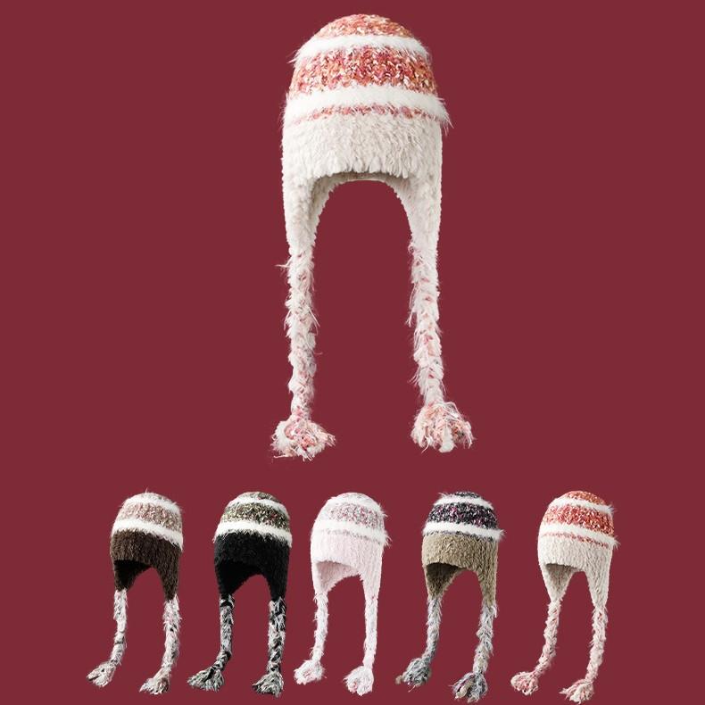 Striped contrasting color knitted plush hat women's autumn and winter fashion versatile warm ear protection Lei Feng hat cold lace-up wool hat