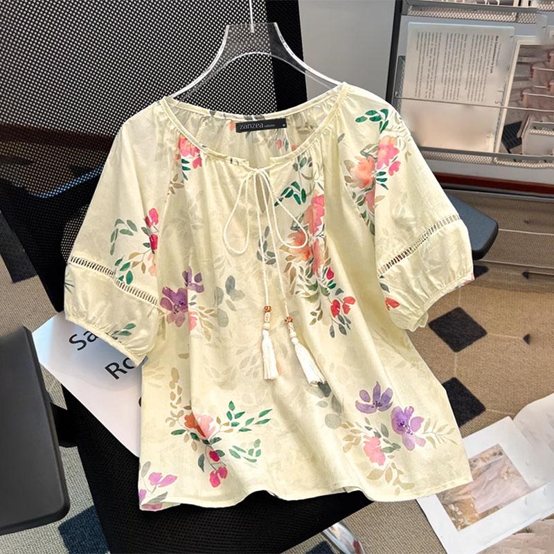 

ZANZEA Жіноча повсякденна блузка з круглим вирізом, коротким рукавом, вільного крою, з квітковим принтом 5XL жовтий