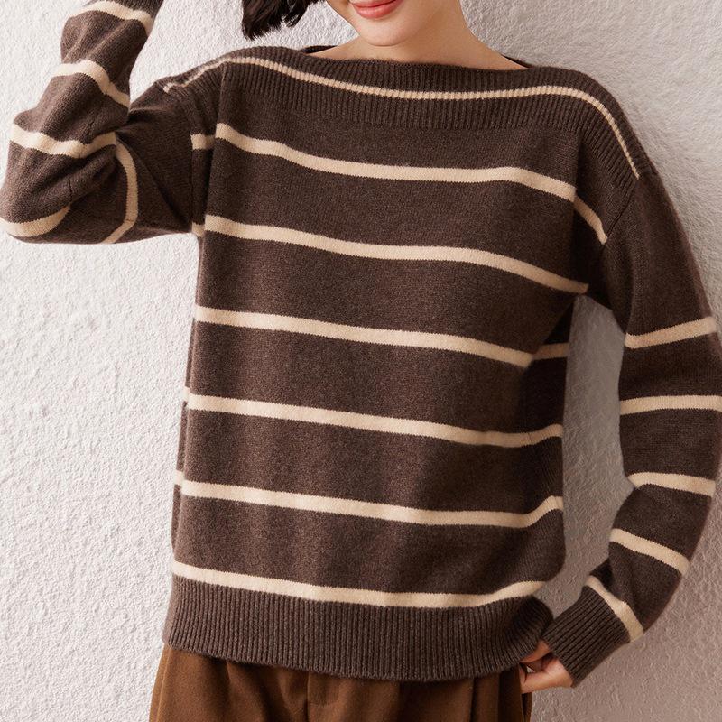 Women's One-Shoulder Striped Cashmere Sweater - Korean Style, Loose Fit Knitwear Top