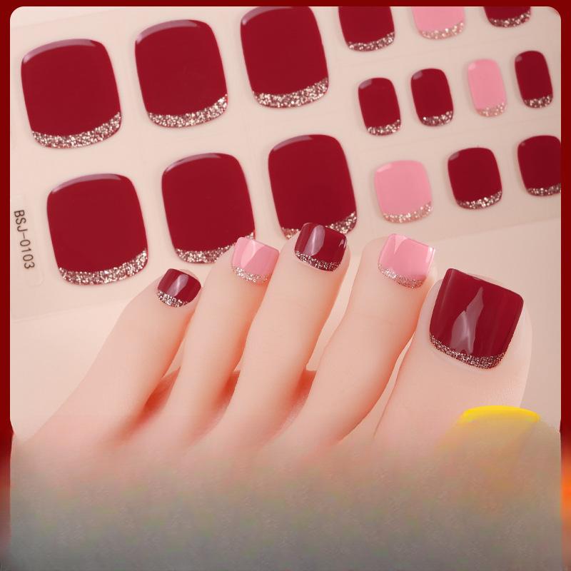 New French Gel Manicure Stickers, Toenail Stickers, Onion Pink Pearlescent Gradient Flash Semi-cured Nail Stickers