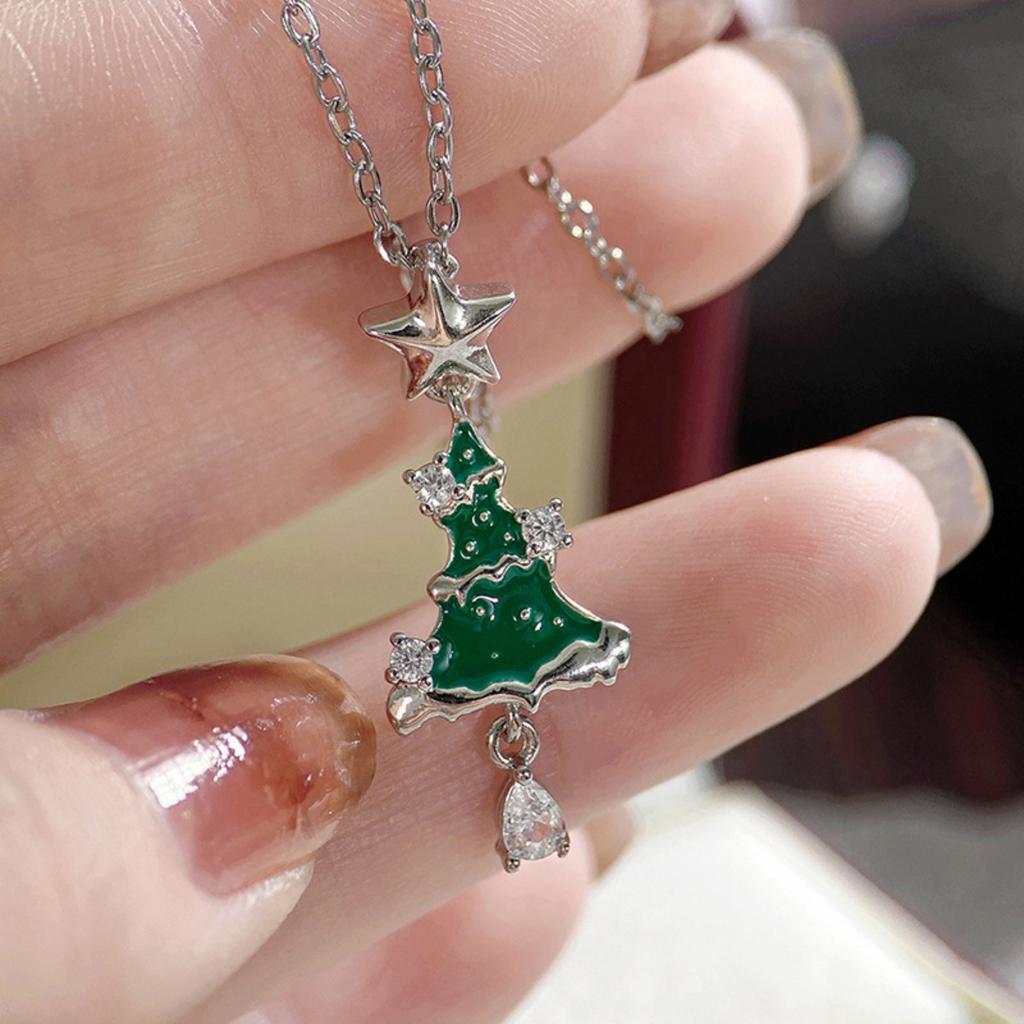 Star Top Green Enamel Christmas Tree with Accent Stones Drop Gem Pendant Women Clavicle Necklace