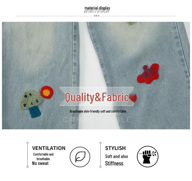 Jeans Ricamati con Funghi da Ragazza - Collezione Primavera/Autunno 2025: Jeans a gamba larga per bambini e ragazzi
