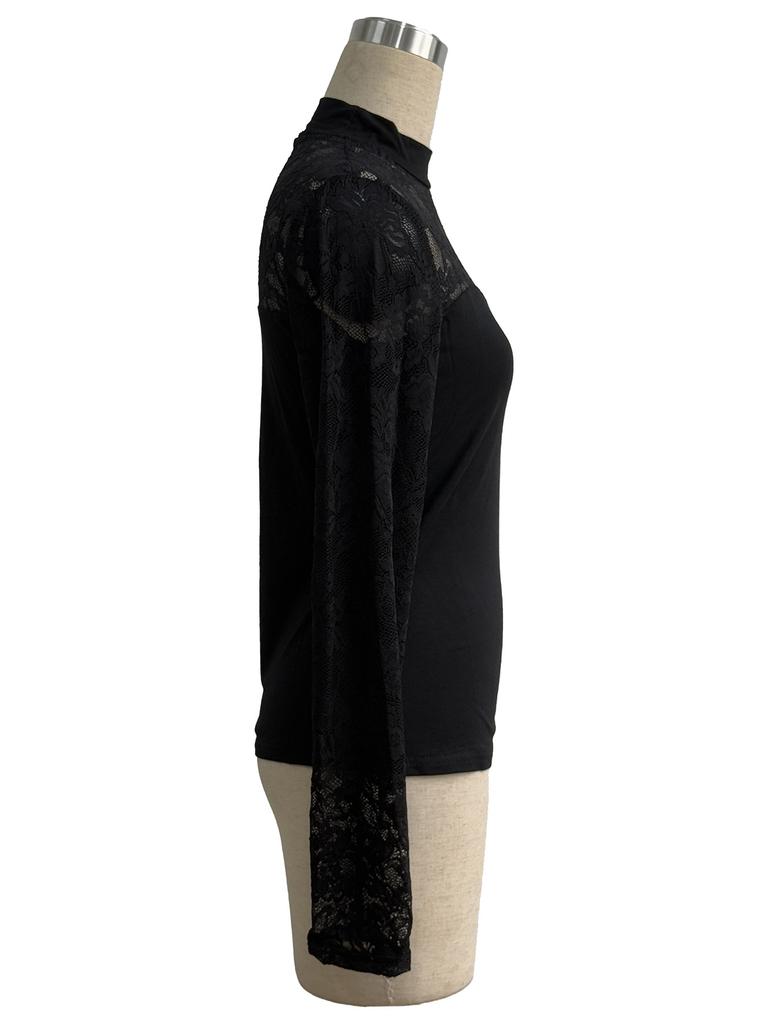 Autumn Winter Lace Patchwork Long Sleeve Stand Collar Pullover Base Layer T Shirt Top Women Fashion Daily Basic Casual Slim Fit Ladies Elegant Top