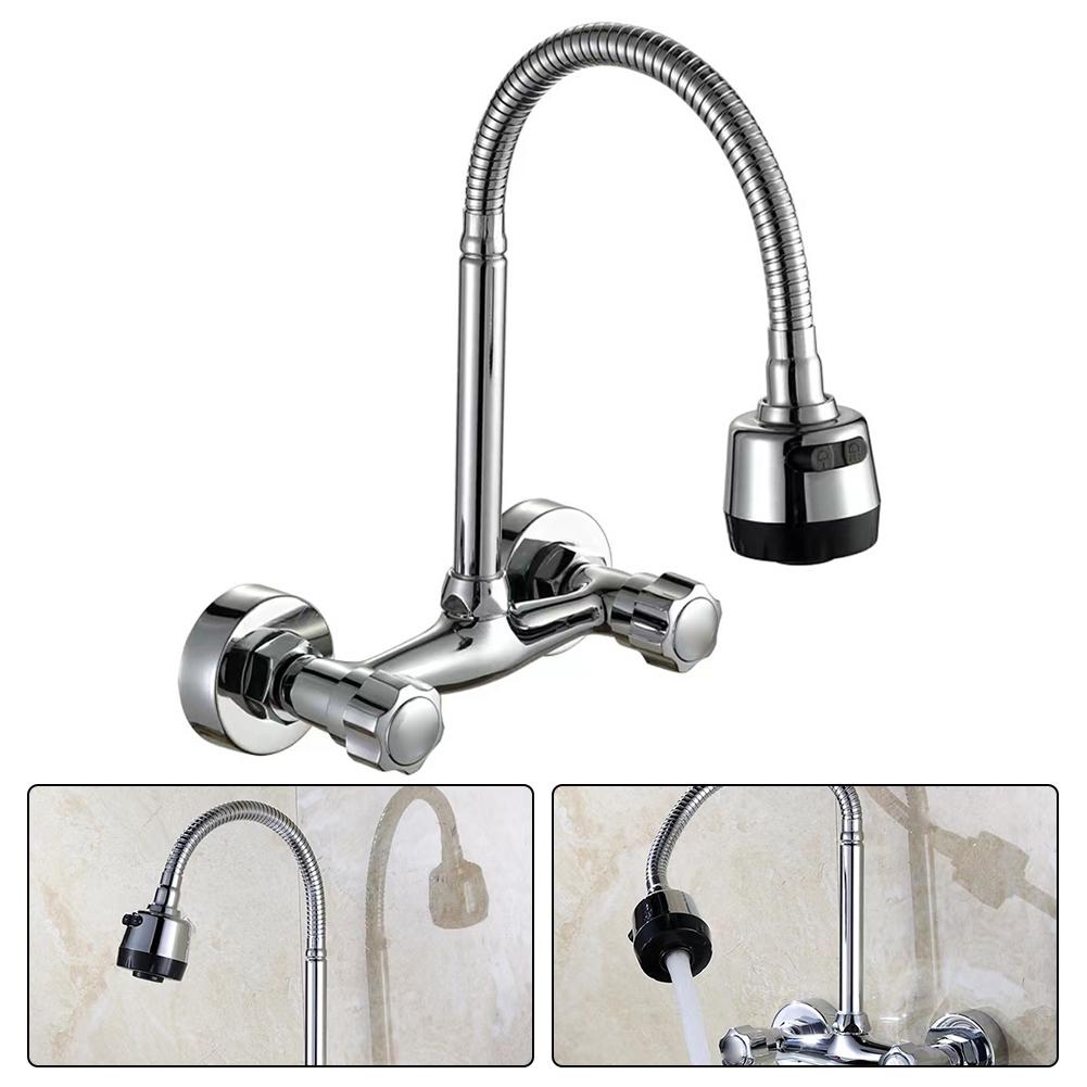 Kitchen Sink Faucet Wall-Mounted Cold And Hot Water Mixer Faucets 360° Rotatable Dual Handle Kitchen Splashproof Faucet