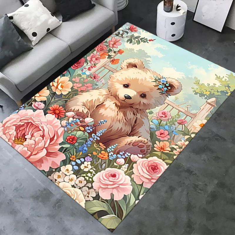 Office Carpet Cute Teddy Bear with Flowers Sofa Rug, Chair Mat Protection