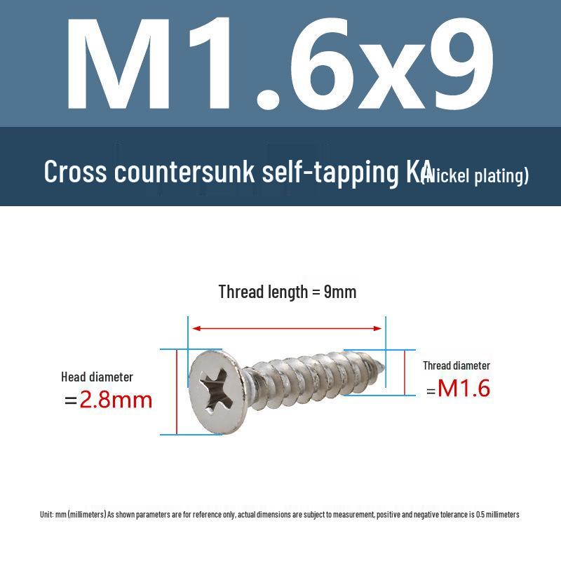 YiguYigu Nickel-Plated Phillips Flat Head Self-Tapping Screws M1-M5, Carbon Steel