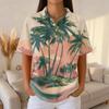 Damen Casual Kurzarm Hawaiian Print Waffelstrick Poloshirt Knopfleiste Tropisches Blumenmuster Sommer Oberteil