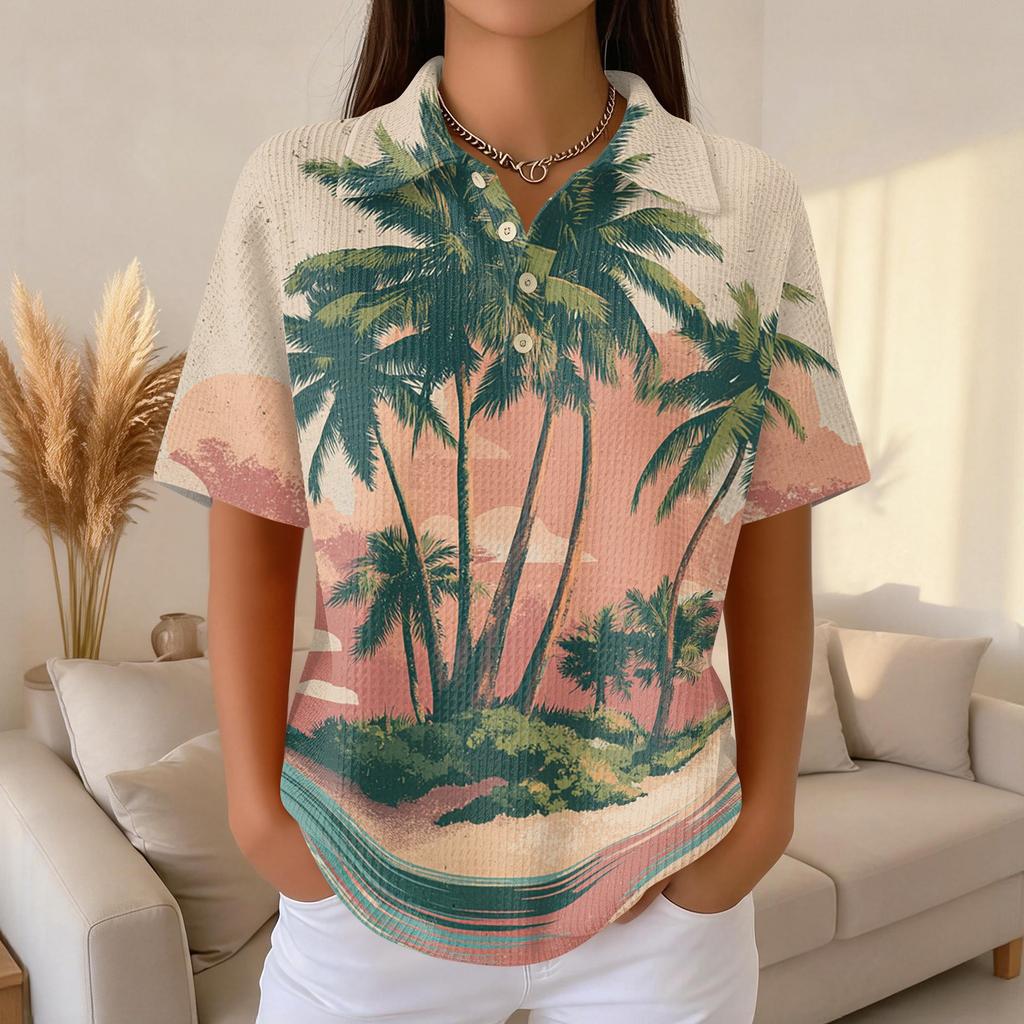 Damen Casual Kurzarm Hawaiian Print Waffelstrick Poloshirt Knopfleiste Tropisches Blumenmuster Sommer Oberteil