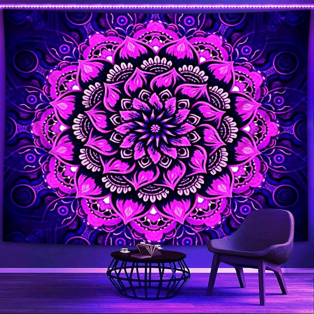 Blacklight Trippy Mandala Tapestry, Boho Black Light Posters for Adults UV Reactive Room Decor for Bedroom Wall