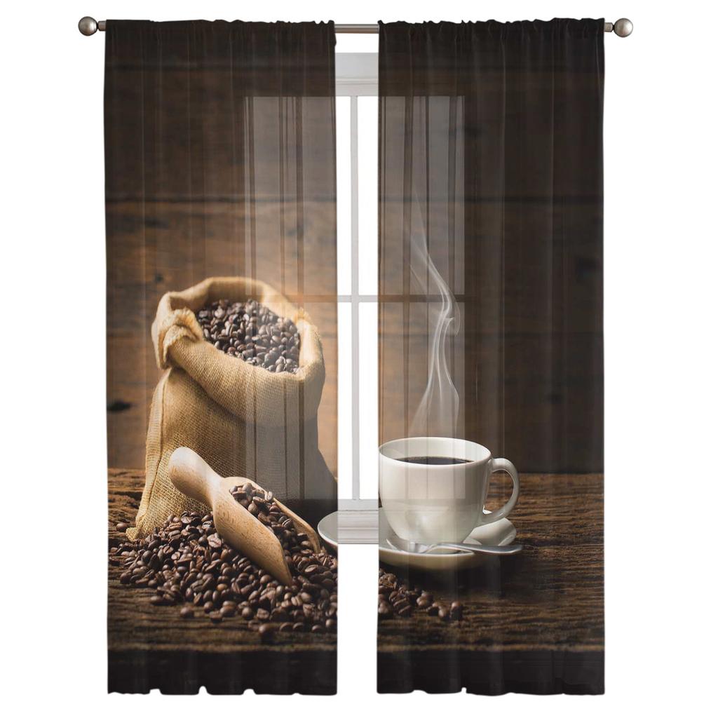 Coffee Cup Coffee Beans Modern Curtain For Living Room Transparent Tulle Curtains Window Sheer For The Bedroom Accessories Decor