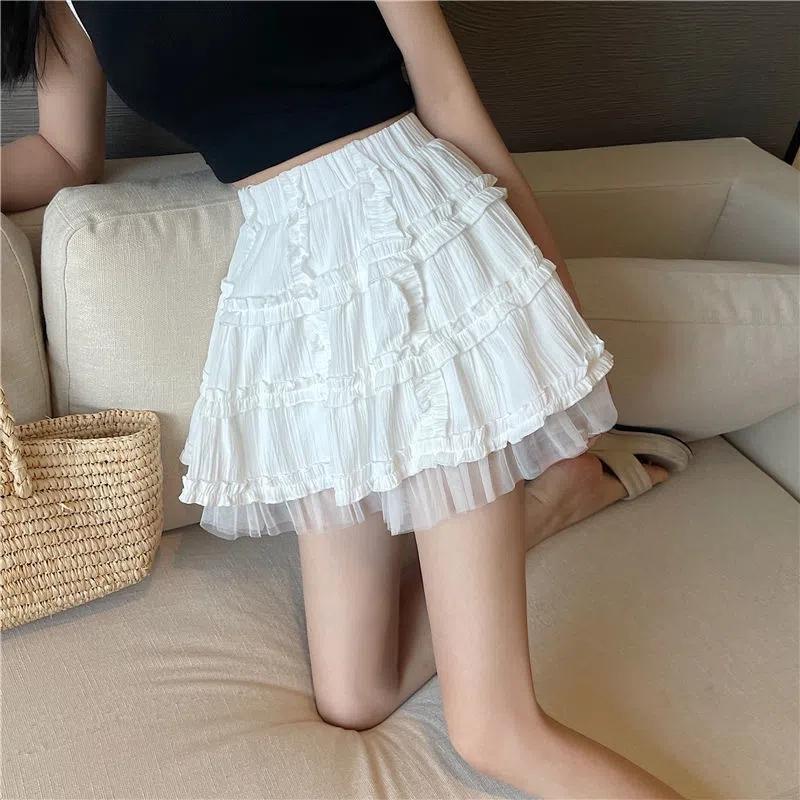 

WTEMPO Kawaii мини-юбки женские Лолита кружевные оборки лоскутная черная юбка в консервативном стиле однотонные корейские юбки с высокой талией 2XL белый