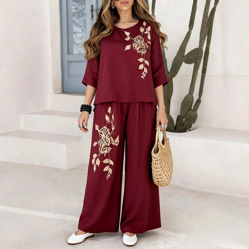 Vintage Plant Embroidery Cotton Linen Casual Pants Set For Women Summer Streetwear