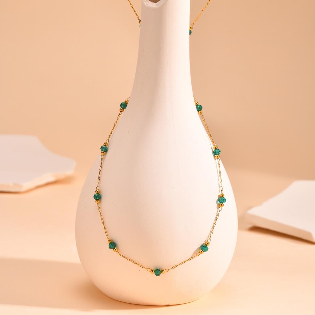 Vnox Green Stones Flower Charms Necklaces, Women Chain Necklaces, Vintage Beads Necklaces Collar, Autumn Winter Jewelry