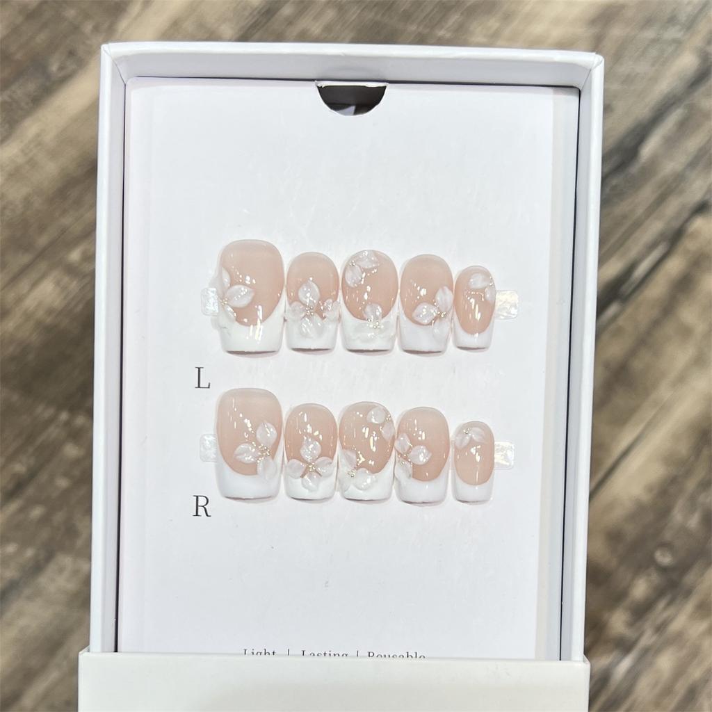 10PCS Nude False Nails with White French Tip Design Natural Look Artificial with Flower Decor for Women Salon Party Wedding