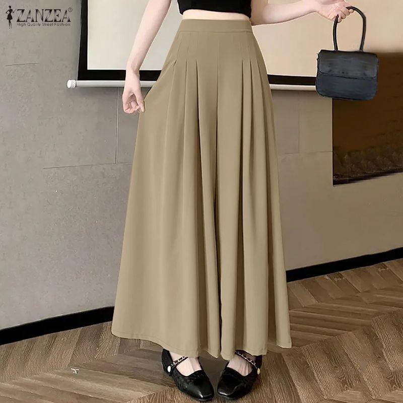 ZANZEA Women Casual Elastic Waist Solid Color Loose Wide Leg Pants