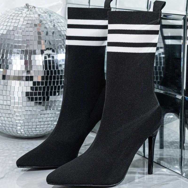 

Aneikeh Сексуальные носки из эластичной ткани с острым носком, ботильоны для женщин, модные туфли для стриптиза на тонком высоком каблуке, осенне-зимняя обувь 41 чёрный