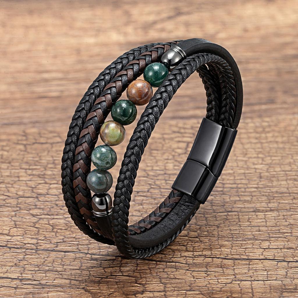 2026 European and American Buckle Fashion Jewelry Multi-layer Leather Rope Hand-woven Bracelet Stone Bracelet
