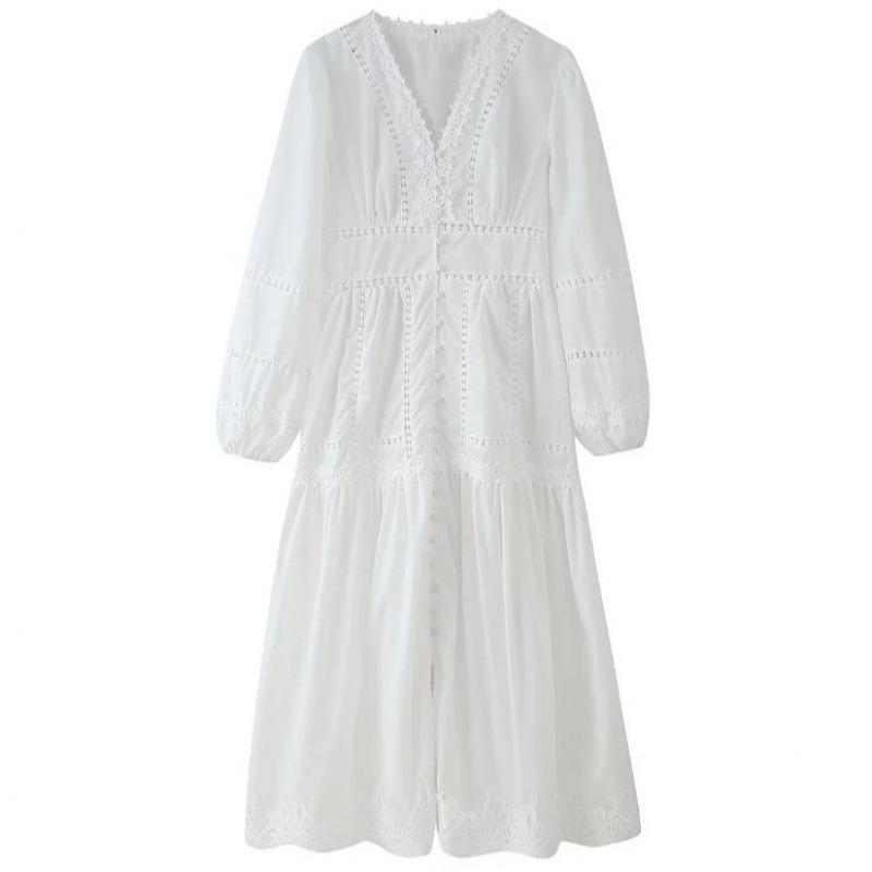 V-neck Patchwork Lace Hollow Out Long Sleeve Waist-Cinching Dress for Women