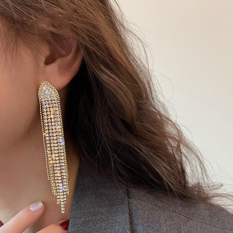 Fashion Statement Earring Long Full Rhinestone Big Earrings for Women Shining Tassel Dangle Earrings Wedding Jewelry Gift