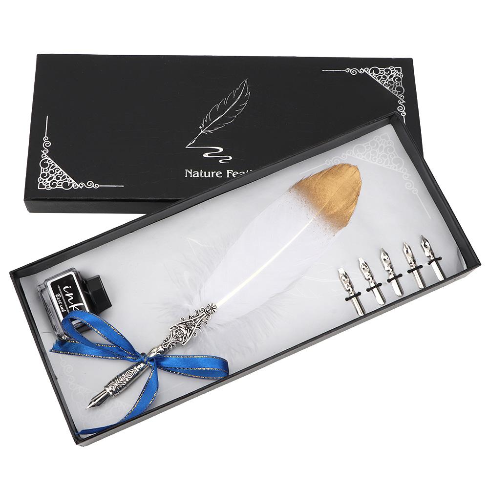 European Vintage Feather Fountain Pen Calligraphy Quill Dip Pen Set Home Decor Gift (White)