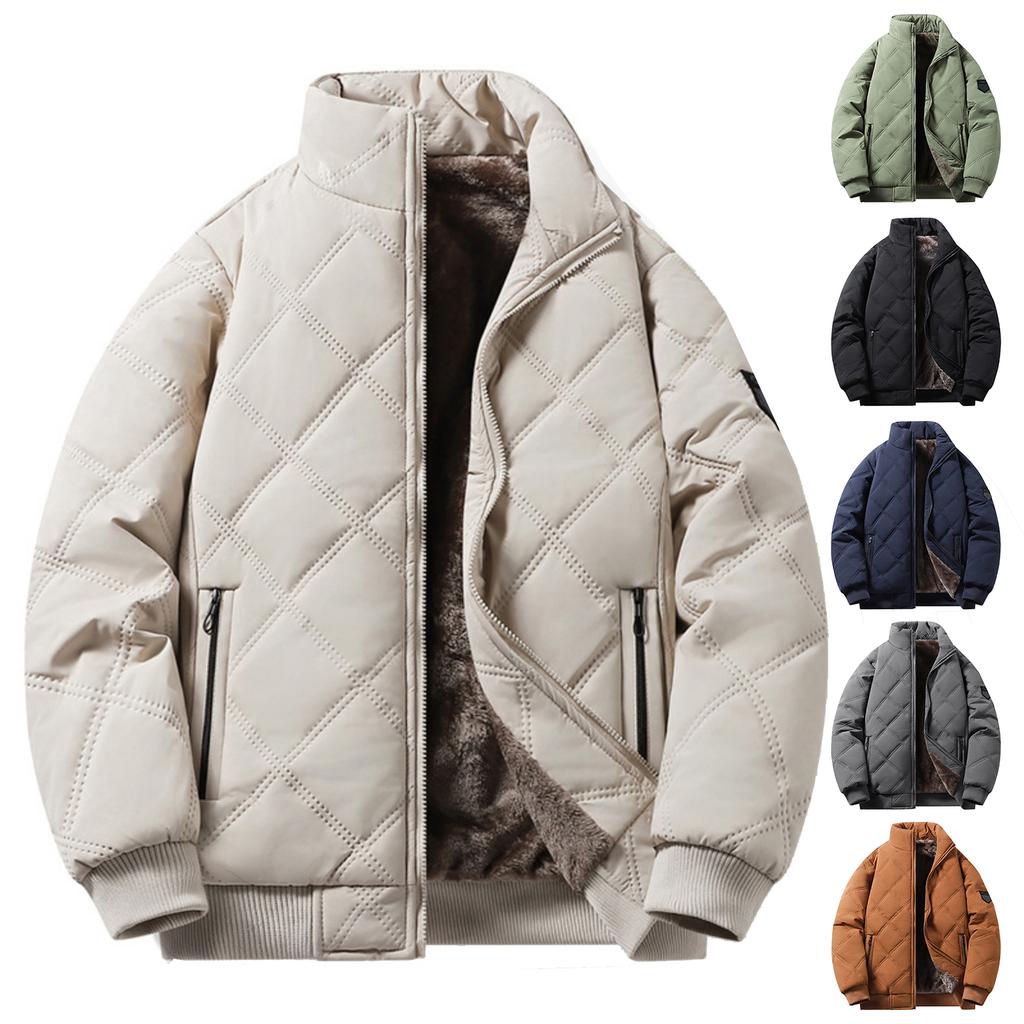 Men's Casual Solid-color Stand-up Collar With Fleece Rhombic Checkered Warm Zipper Cotton Jacket