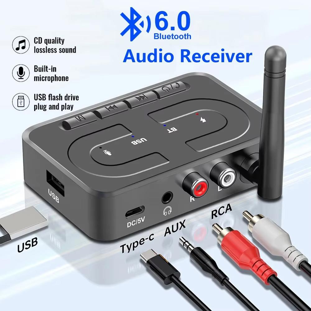 Wireless Audio Adapter Bluetooth 6.0 Receiver RCA 3.5mm AUX Jack Stereo Music Wireless Adapter Support U-Disk Playback Car Kit