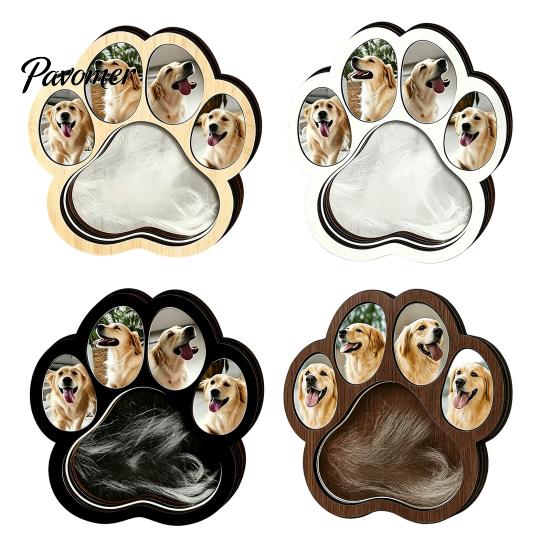 Pet Keepsake Memorial Frame Wooden Paw‑Shaped Picture Frame, Photo with Fur Box Storage Compartment, Loss Remembrance Tabletop Ornament for Dog Cat