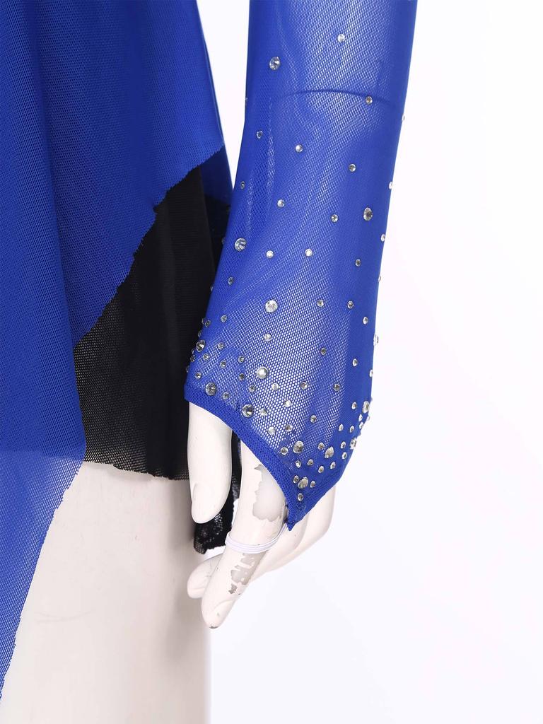 Damen Glitzernde Strasssteine Tanzkleid Kontrastfarbe Unregelmäßiger Saum Schlüssellochrücken Langarm Performance-Outfit