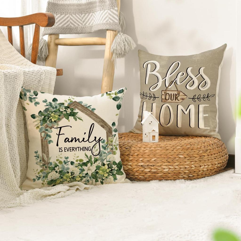 AVOIN Colorlife Sweet Home Family Is Everything Spring Floral Throw Pillow Covers, 18 X 18 Inch Seasonal Eucalyptus Flowers Cushion Case Decoration