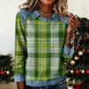 Long Sleeve Denim Patchwork Sweatshirt with Print Crew Neck Casual Pullover Top for Women Fashion Style