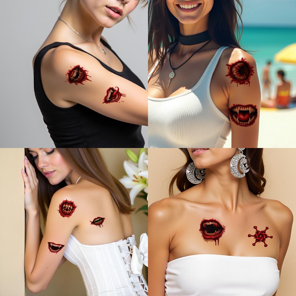 9pcs Temporary Tattoo Teeth Halloween Monster Mouths Eye Temporary Tattoo Stickers Dripping Blood For Girls Shoulders Boys