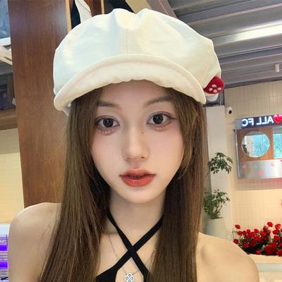 Summer Literary and Retro Versatile Big Head Circumference Cloud Hat Button Newsboy Hat Showing Face Small Short Brim Beret