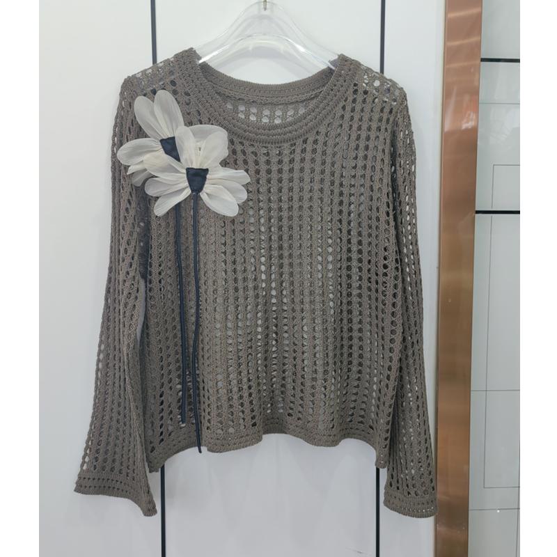 summer Three dimensional flowers Women's Knitted Sweaters Lady Hollow Out Mesh Thin Pullover See Through Look Long Sleeve loose Tops Sunscreen shirt