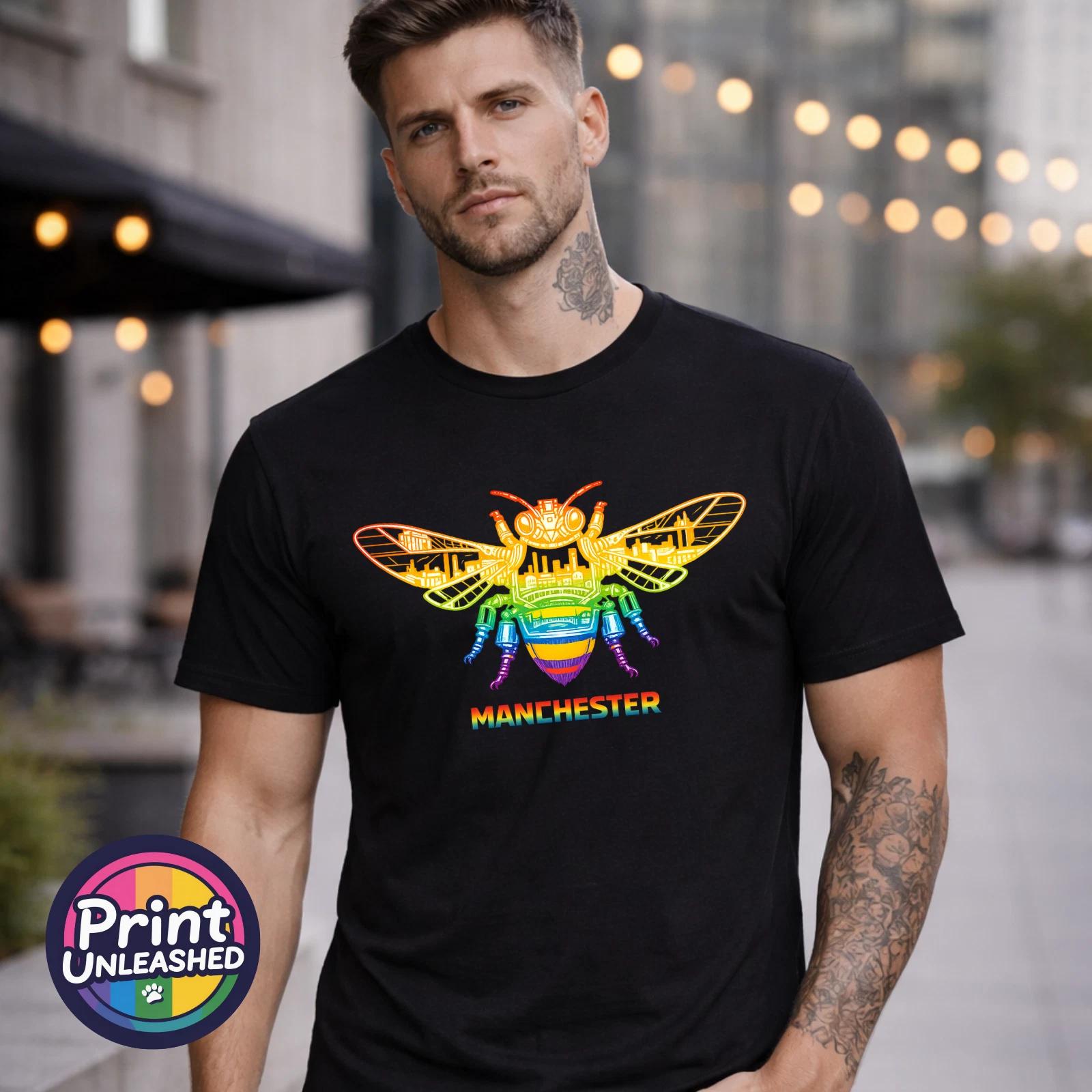 Manchester Worker Bee T-Shirt Rainbow Industrial City Graphic Tee Pride Bee Gift S