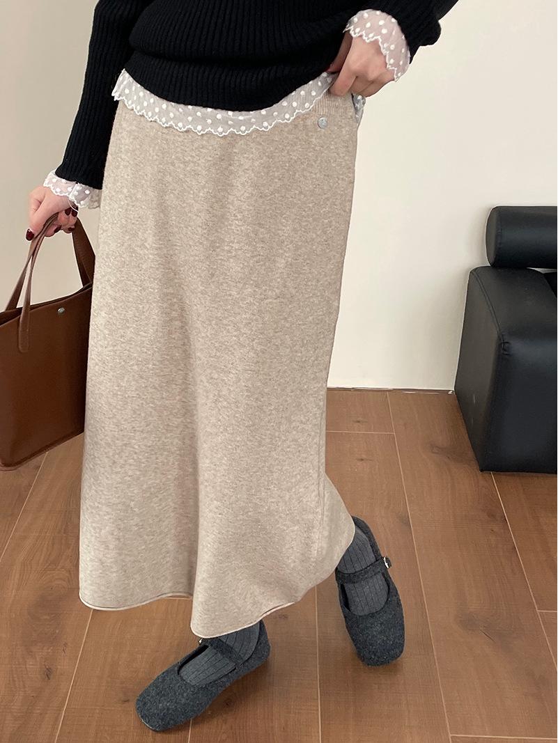 Taoguan Women s Elegant Korean-Style Knit Midi Skirt - Autumn/Winter High-Waist Rolled Hem Slimming Design (YL1580) One Size